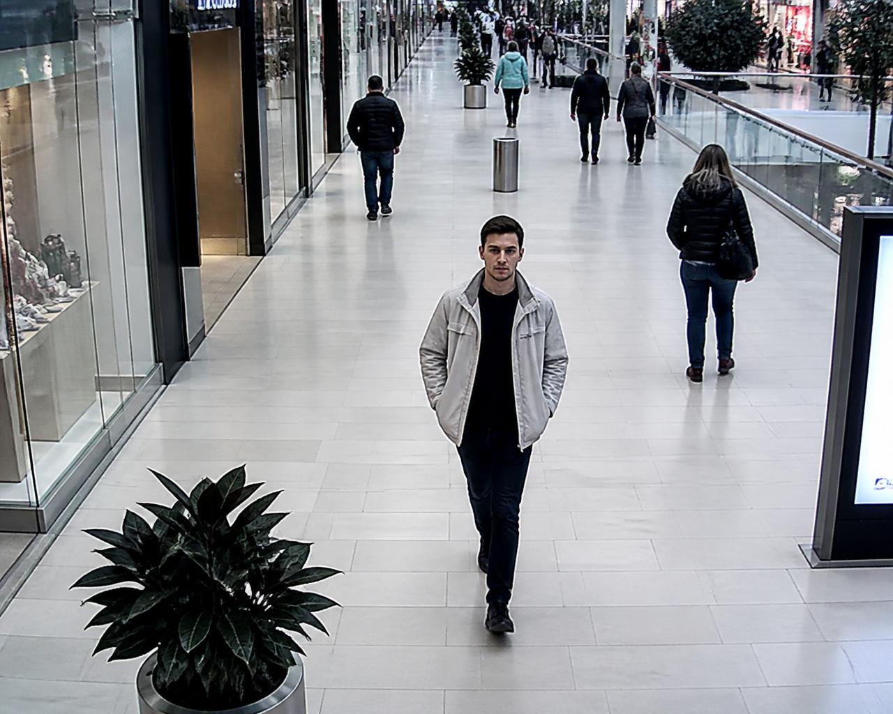 Elevated security camera view of a shopping mall with a man walking toward the camera, his face detected by Viante