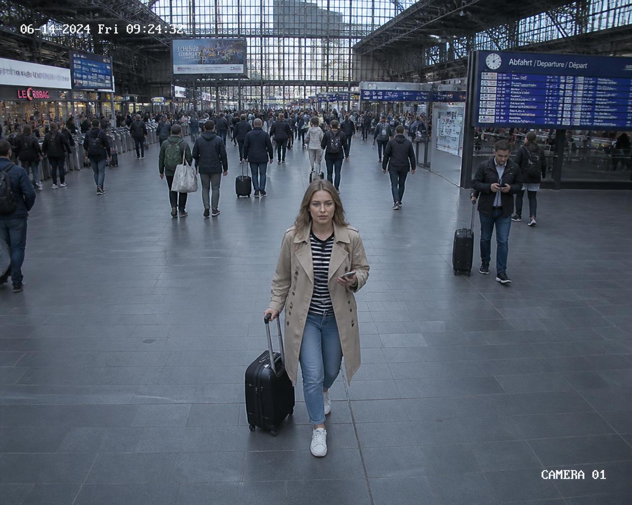 Surveillance view of a railway station departure hall with a traveller's face detected by Viante